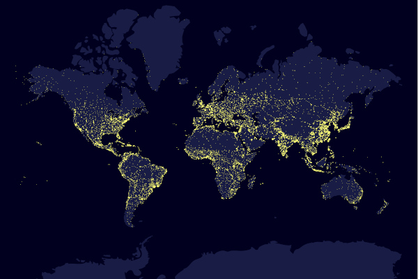 Mapa com a densidade demográfica mundial. Localidades com luzes mais brilhantes são as mais povoadas.